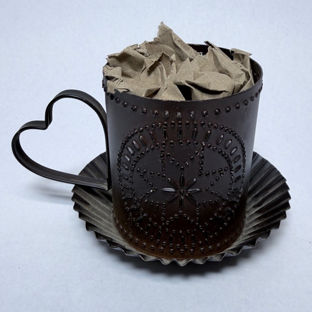Rustic Punched Tin Tea Cup Saucer Candle Holder Heart Handle Brown Farmhouse